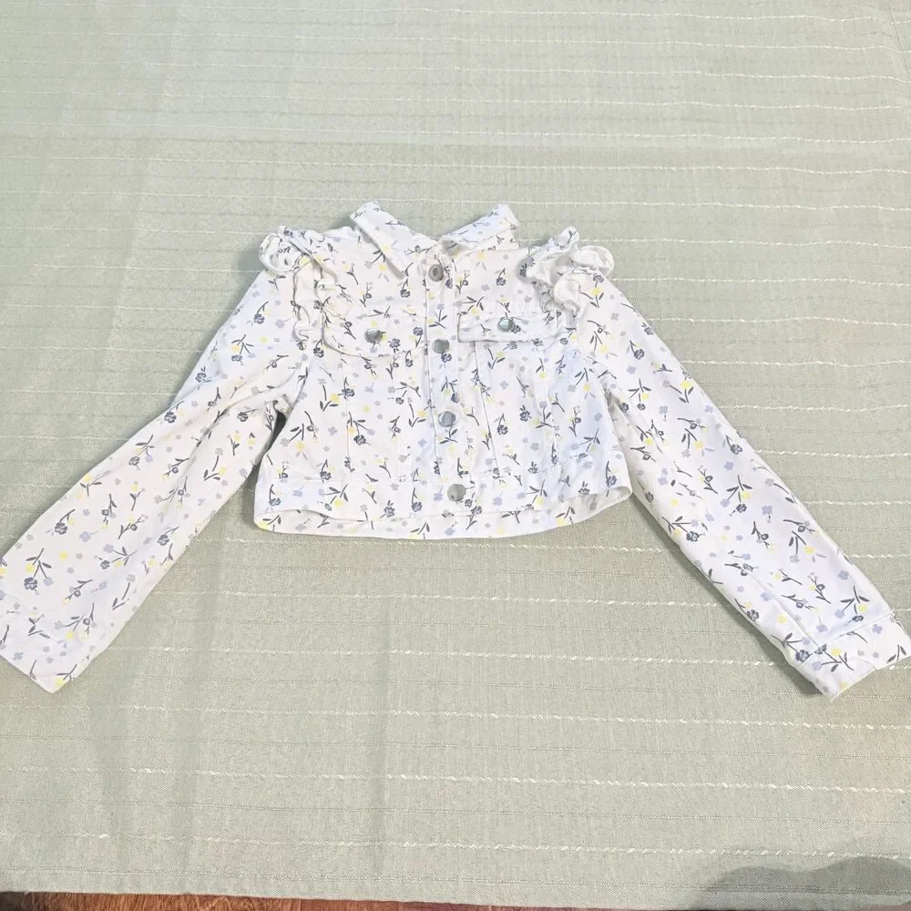 Little Lass Girls Button Up Jacket White Blue Florals Size 6 Great Conditoin